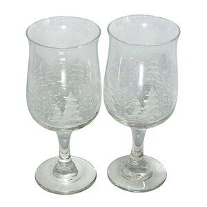 2 Lynns China Pines Water Goblets 7" Winter Scene white silhouette trees holiday